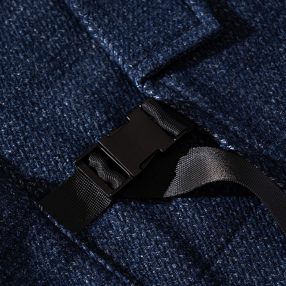 Handcrafted indigo blue cotton Haori by Ellie Studio. A sustainable, lightweight jacket designed for comfort and a pop of joyful color in your daily ritual. buckle details