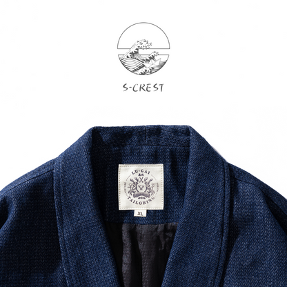 Handcrafted indigo blue cotton Haori by Ellie Studio. A sustainable, lightweight jacket designed for comfort and a pop of joyful color in your daily ritual. collar details