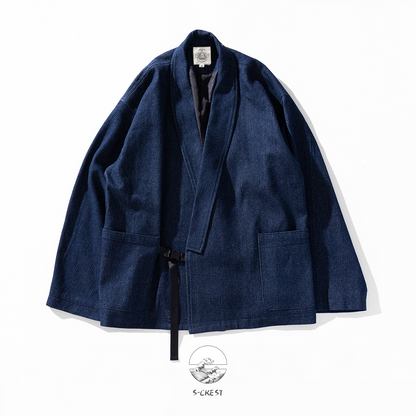 Handcrafted indigo blue cotton Haori by Ellie Studio. A sustainable, lightweight jacket designed for comfort and a pop of joyful color in your daily ritual. front view