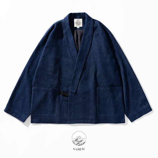 Handcrafted indigo blue cotton Haori by Ellie Studio. A sustainable, lightweight jacket designed for comfort and a pop of joyful color in your daily ritual.