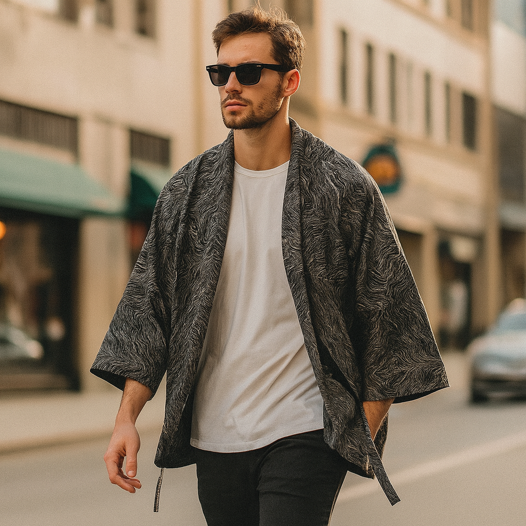 Modern unisex Haori jacket by Ellie Studio with a hand-designed black and white marble pattern, inspired by Japanese tradition and contemporary art. model wearing it