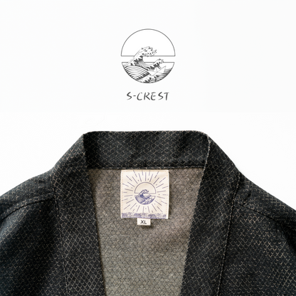 Handcrafted Dragon Scale Haori by Ellie Studio. A unique, small-batch jacket featuring a custom geometric pattern designed to spark joy and confidence. collar details