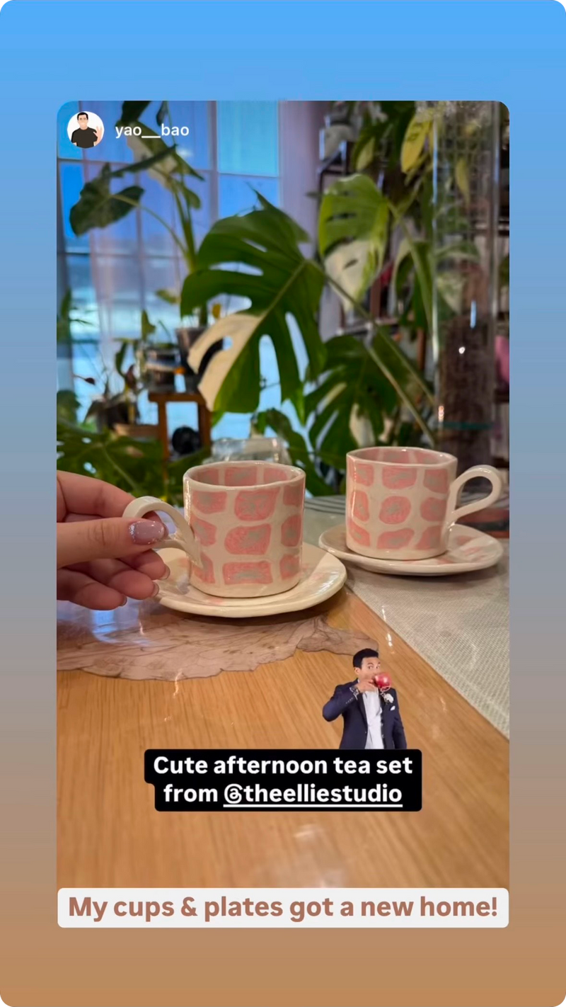 creamy white red green tomato pattern coffee mug on pink heart shaped saucer indoor house plant afternoon tea set