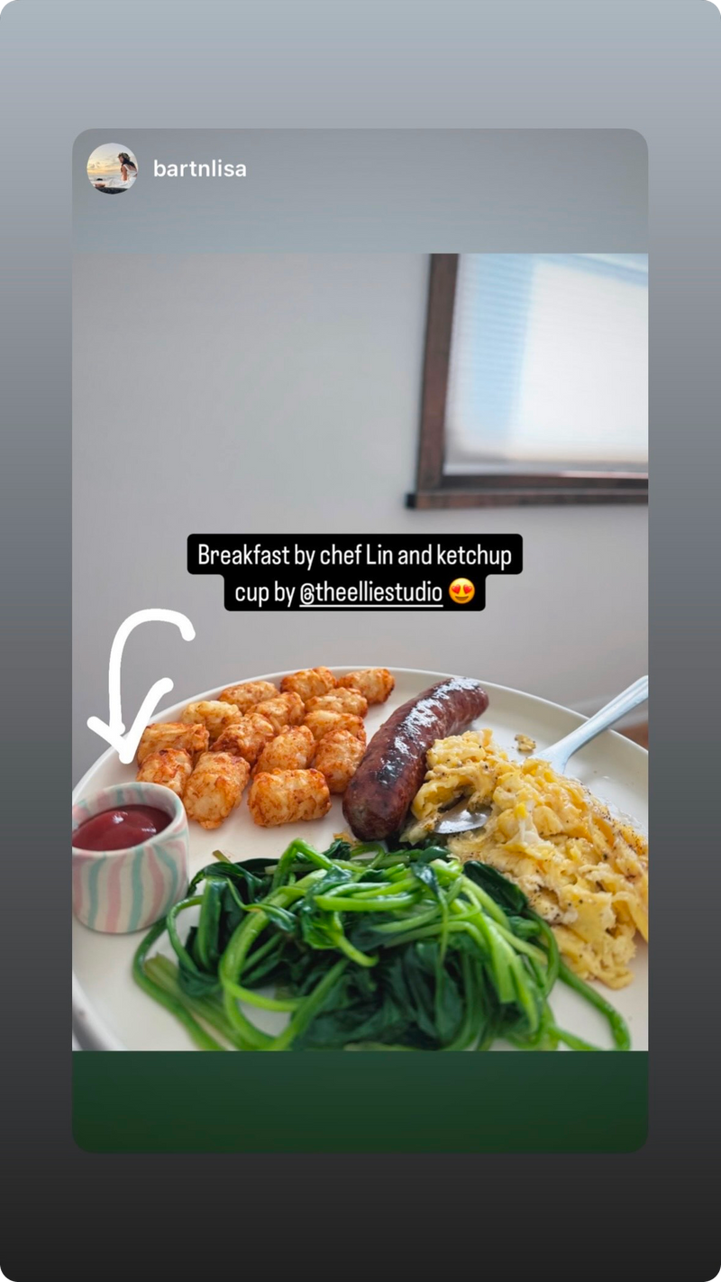 cute creamy white pastel pink and green striped nerikomi catch up dipping bowl on a plate.