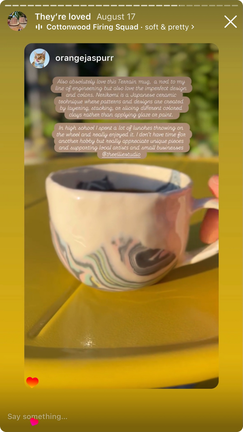 terrian nerikomi pattern coffe mug being used on a cute bistro table in the backyard afternoon tea