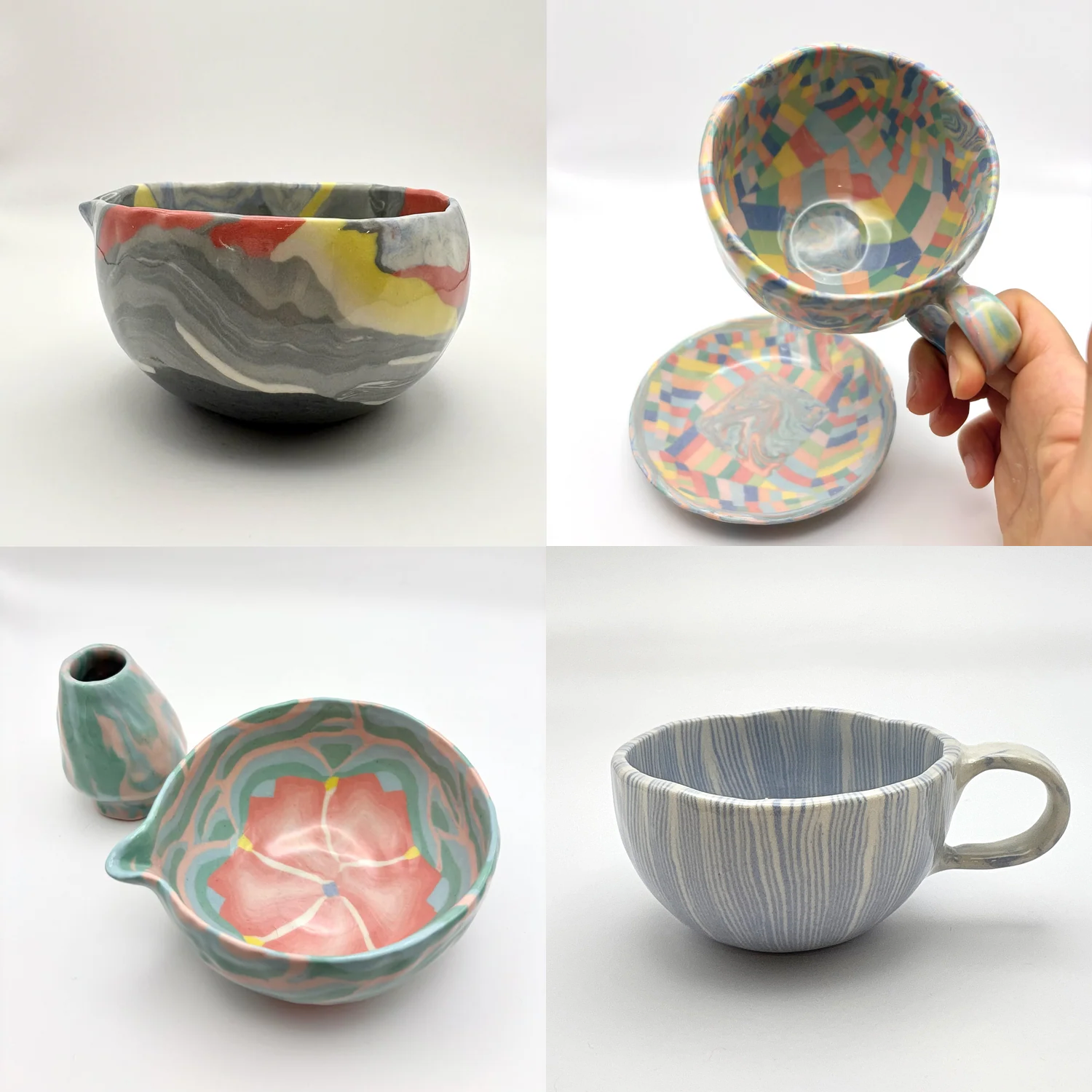handmade nerikomi porcelain cermamics mugs matcha bowls terrian sunrise rainbow sakura contemporary modern art