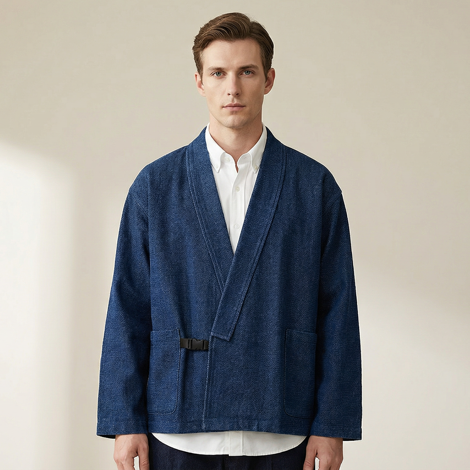 Handcrafted indigo blue cotton Haori by Ellie Studio. A sustainable, lightweight jacket designed for comfort and a pop of joyful color in your daily ritual. model view