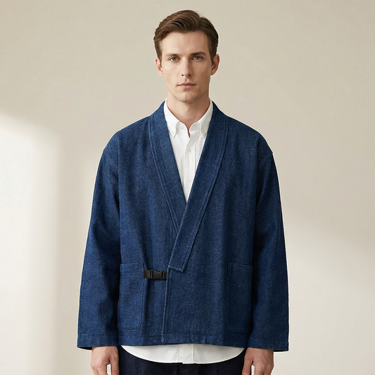 Handcrafted indigo blue cotton Haori by Ellie Studio. A sustainable, lightweight jacket designed for comfort and a pop of joyful color in your daily ritual. model view