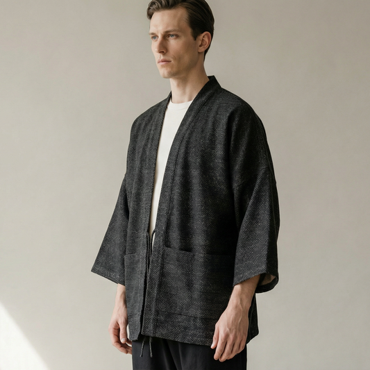 Handcrafted Dragon Scale Haori by Ellie Studio. A unique, small-batch jacket featuring a custom geometric pattern designed to spark joy and confidence. model view