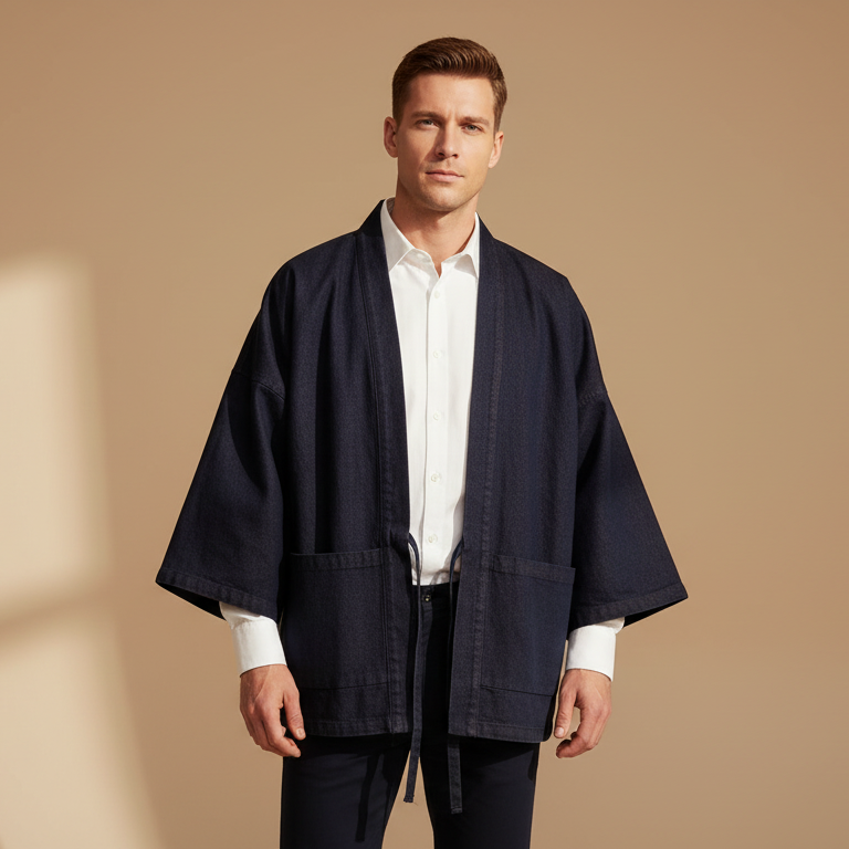 Reversible unisex Haori jacket by Ellie Studio, featuring contrasting indigo and burnt orange sides for a versatile, two-in-one look.