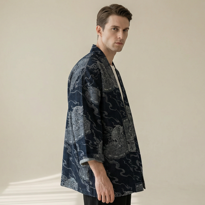 Ellie Studio Tiger Roar Haori: A modern, handcrafted unisex jacket that combines traditional Japanese silhouette with bold, joyful animal art. model wearing it