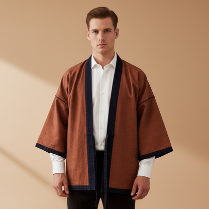 Reversible unisex Haori jacket by Ellie Studio, featuring contrasting indigo and burnt orange sides for a versatile, two-in-one look.