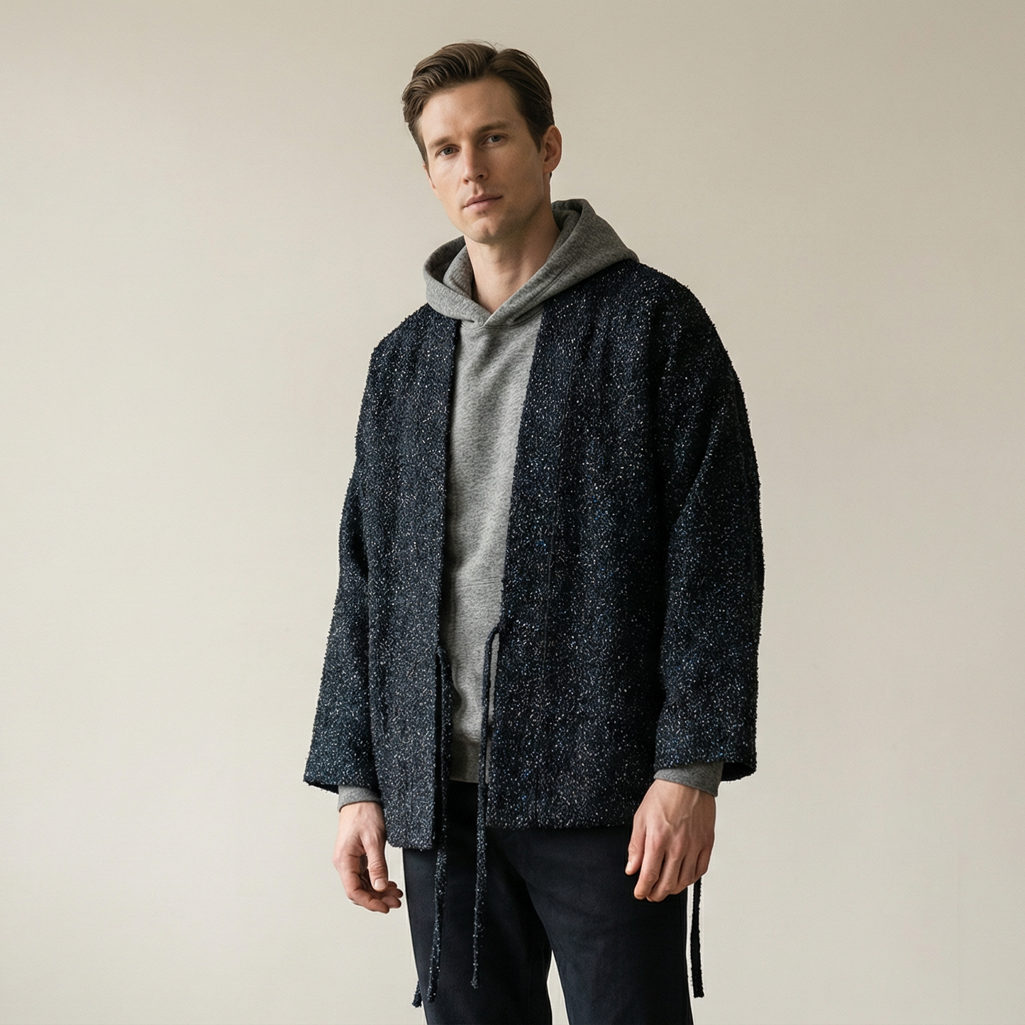 Stardust Modern Unisex Haori by Ellie Studio: A versatile, sustainable layering piece with a subtle glow for work, travel, and everyday joy. model view