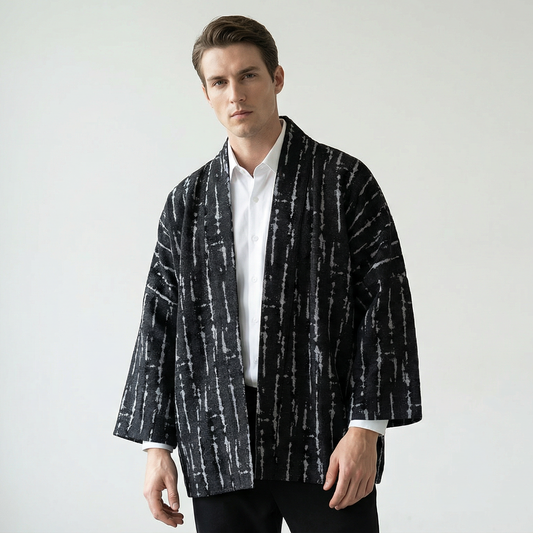 Modern Haori Jacket featuring a bold, black and white crackle pattern, premium fabric
