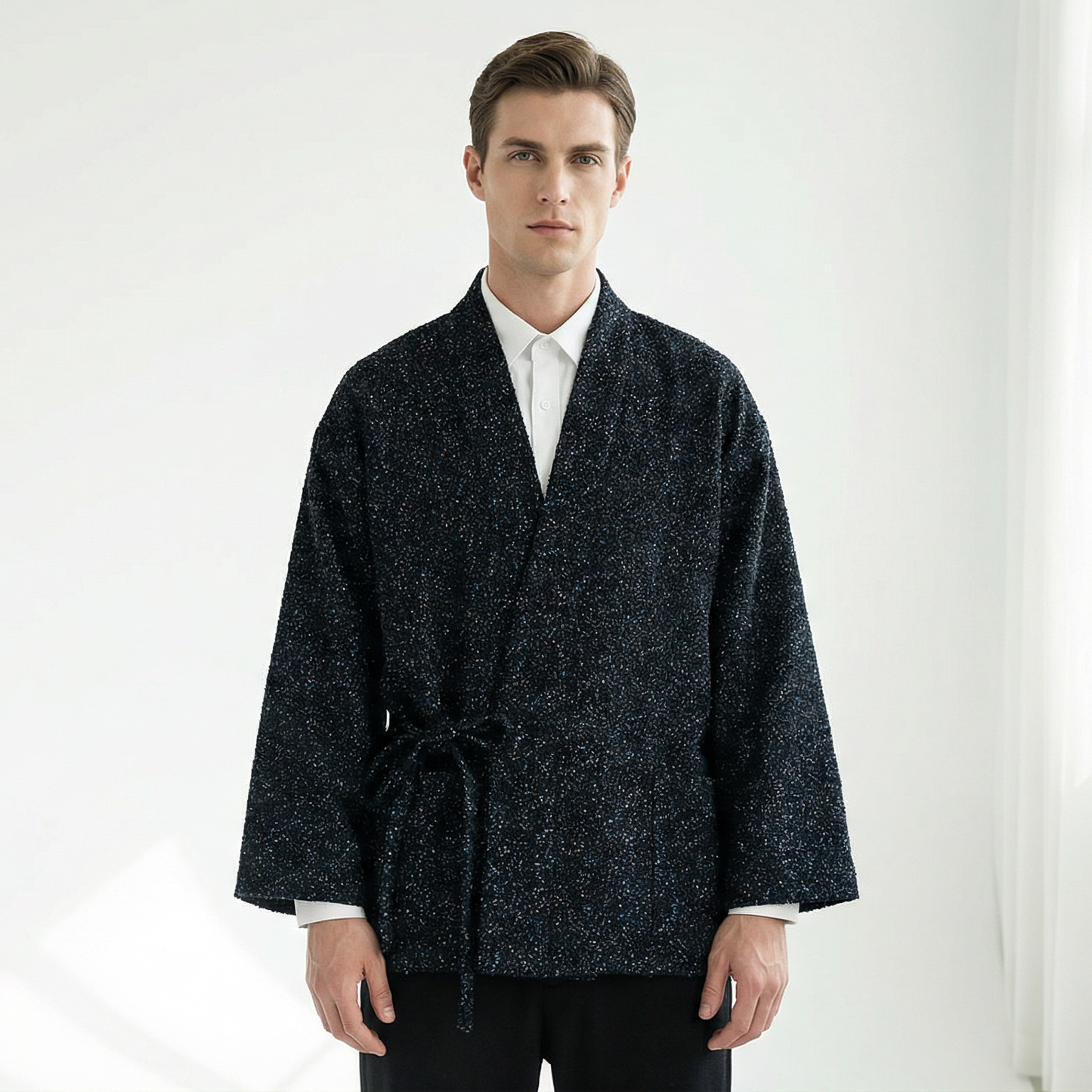 Stardust Modern Unisex Haori by Ellie Studio: A versatile, sustainable layering piece with a subtle glow for work, travel, and everyday joy. model tied view