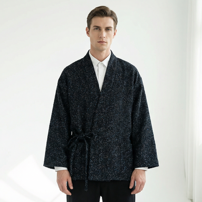 Stardust Modern Unisex Haori by Ellie Studio: A versatile, sustainable layering piece with a subtle glow for work, travel, and everyday joy. model tied view