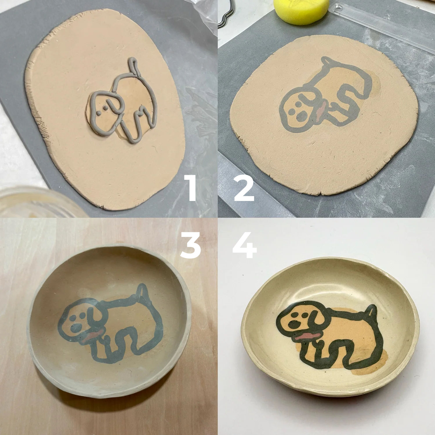 Nerikomi pottery process showing layered colored clay. cute dog pattern