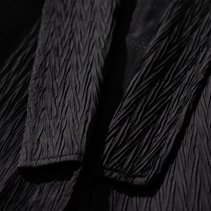 Modern unisex Wave Haori blazer by Ellie Studio. A sustainable, pleated streetwear jacket with a metal buckle, designed for effortless style and everyday joy. fabric details