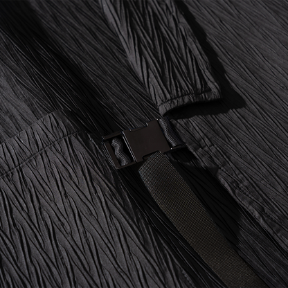 Modern unisex Wave Haori blazer by Ellie Studio. A sustainable, pleated streetwear jacket with a metal buckle, designed for effortless style and everyday joy. buckle details