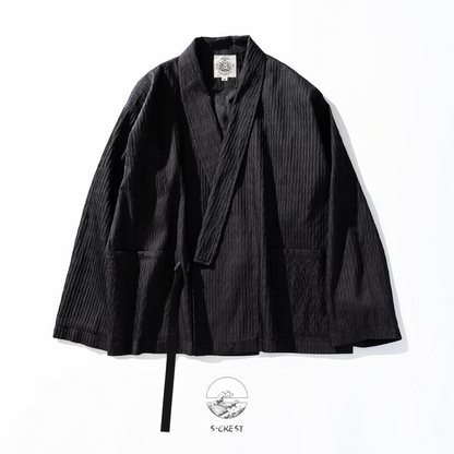 Modern unisex Wave Haori blazer by Ellie Studio. A sustainable, pleated streetwear jacket with a metal buckle, designed for effortless style and everyday joy. front view