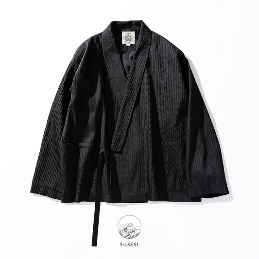 Modern unisex Wave Haori blazer by Ellie Studio. A sustainable, pleated streetwear jacket with a metal buckle, designed for effortless style and everyday joy. front view