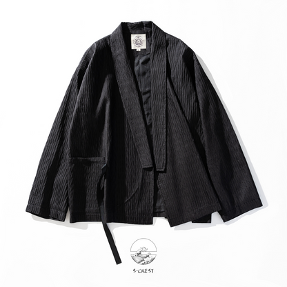Modern unisex Wave Haori blazer by Ellie Studio. A sustainable, pleated streetwear jacket with a metal buckle, designed for effortless style and everyday joy.