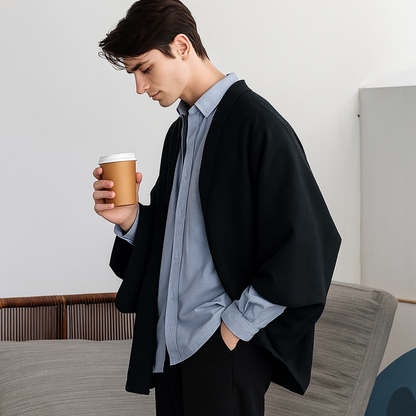 Handcrafted unisex wool Haori jacket by Ellie Studio. A warm, sustainable, and artful layering piece designed to bring comfort and joy to daily life. model view