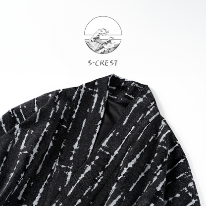 Modern Haori Jacket featuring a bold, black and white crackle pattern, premium fabric, collar detail