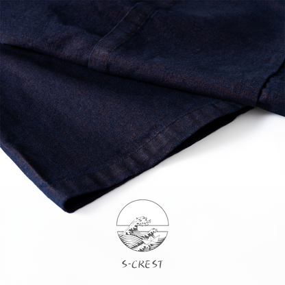 Reversible unisex Haori jacket by Ellie Studio, featuring contrasting indigo and burnt orange sides for a versatile, two-in-one look. sleeve details