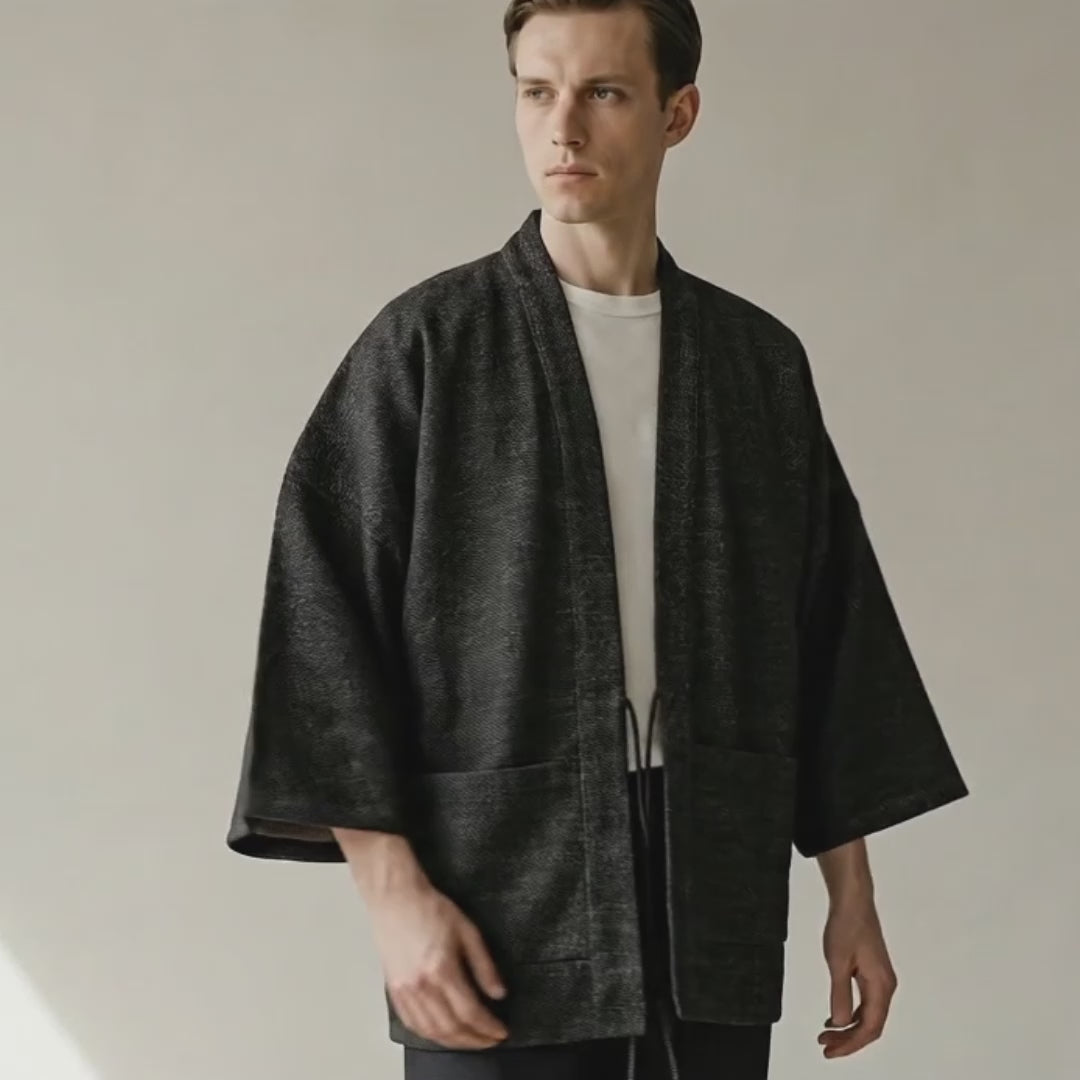 Handcrafted Dragon Scale Haori by Ellie Studio. A unique, small-batch jacket featuring a custom geometric pattern designed to spark joy and confidence. model video
