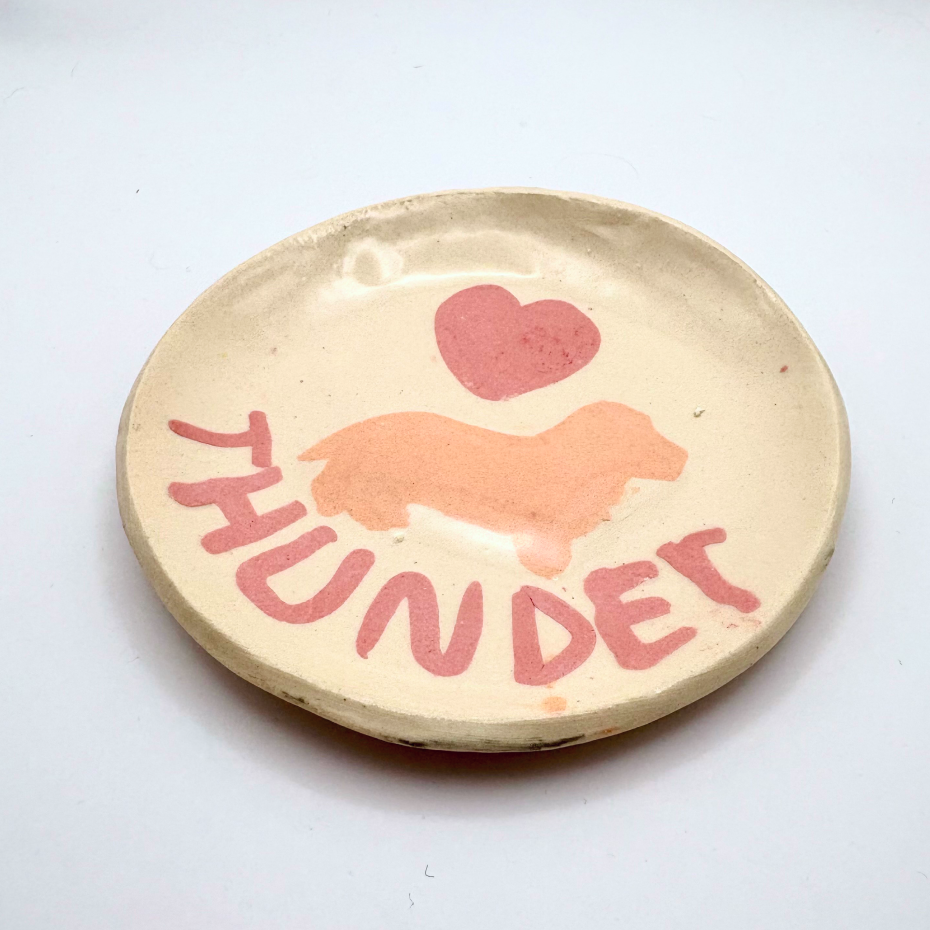 Handmade patterned ceramic plates created by students in a Nerikomi workshop. Cute dog with heart and name of the dog